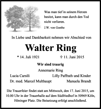 Anzeige von Walter Ring von Kölner Stadt-Anzeiger / Kölnische Rundschau / Express