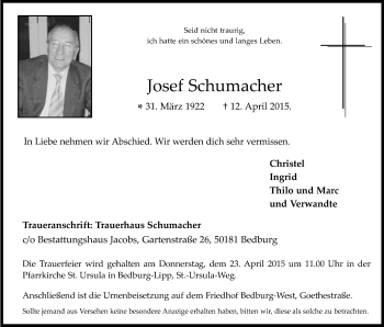 Anzeige von Josef Schumacher von Kölner Stadt-Anzeiger / Kölnische Rundschau / Express