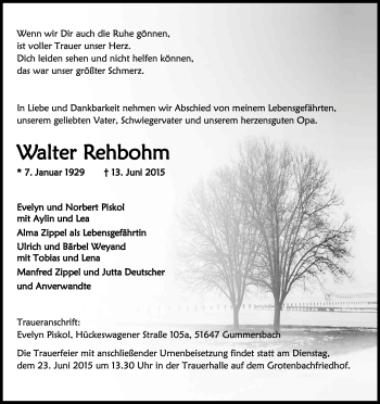 Anzeige von Walter Rehbohm von Kölner Stadt-Anzeiger / Kölnische Rundschau / Express