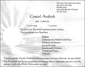 Anzeige von Grete Andryk von  Schlossbote/Werbekurier 