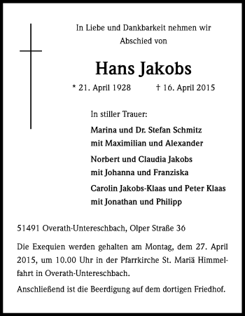 Anzeige von Hans Jakobs von Kölner Stadt-Anzeiger / Kölnische Rundschau / Express