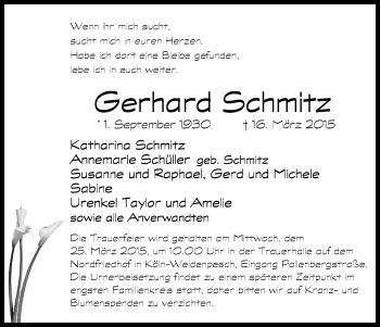 Anzeige von Gerhard Schmitz von Kölner Stadt-Anzeiger / Kölnische Rundschau / Express