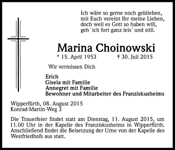 Anzeige von Marina Choinowski von Kölner Stadt-Anzeiger / Kölnische Rundschau / Express