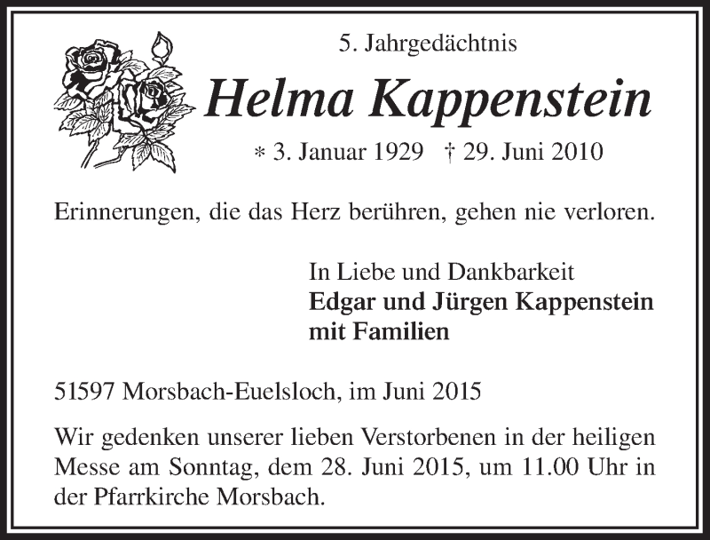  Traueranzeige für Helma Kappenstein vom 24.06.2015 aus  Lokalanzeiger 