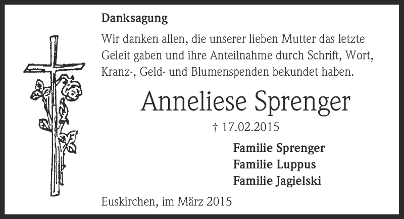  Traueranzeige für Anneliese Sprenger vom 08.03.2015 aus  Blickpunkt Euskirchen 