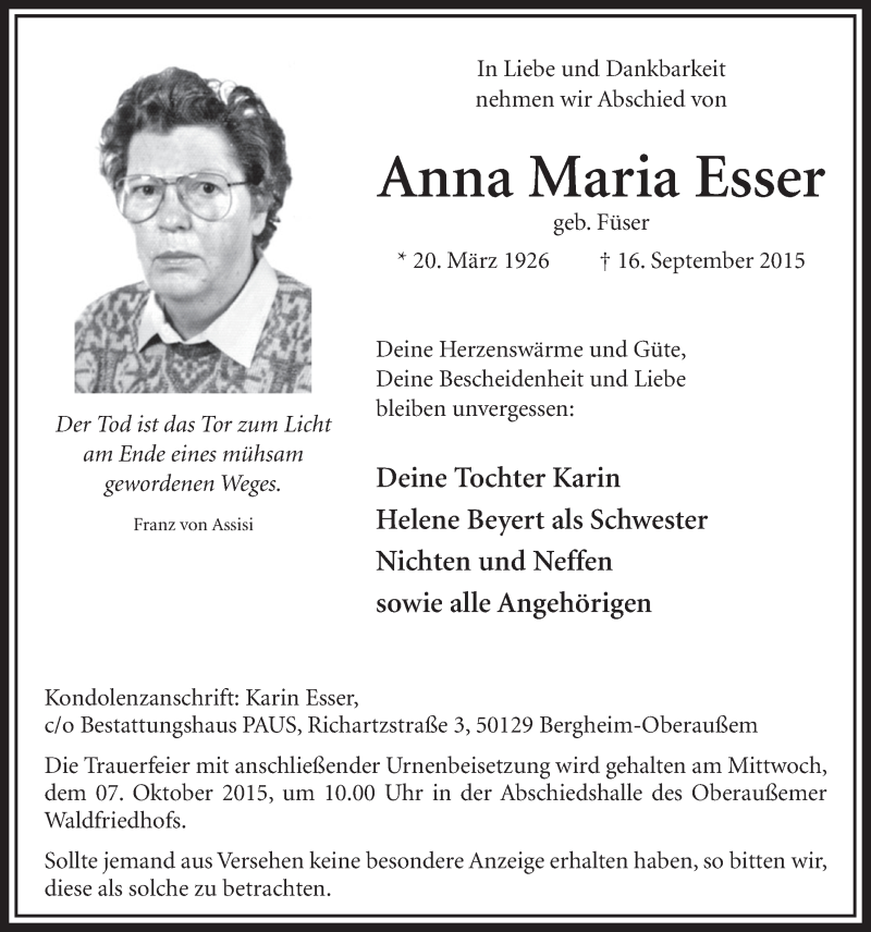  Traueranzeige für Anna Maria Esser vom 02.10.2015 aus  Sonntags-Post 
