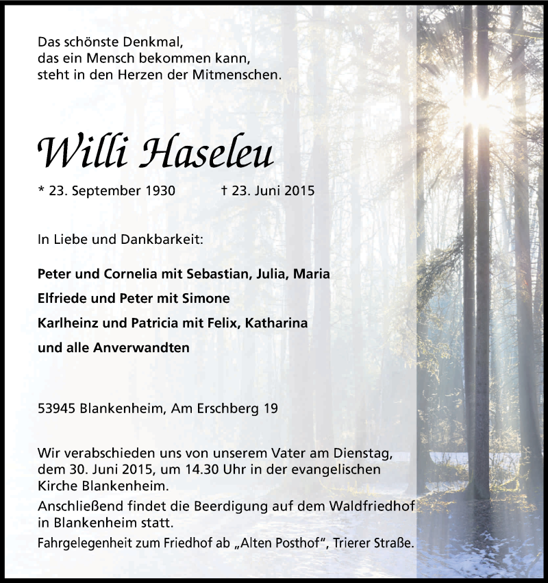  Traueranzeige für Willi Haseleu vom 26.06.2015 aus Kölner Stadt-Anzeiger / Kölnische Rundschau / Express