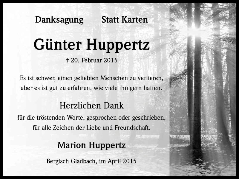  Traueranzeige für Günter Huppertz vom 04.04.2015 aus Kölner Stadt-Anzeiger / Kölnische Rundschau / Express