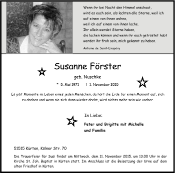 Anzeige von Susanne Förster von Kölner Stadt-Anzeiger / Kölnische Rundschau / Express