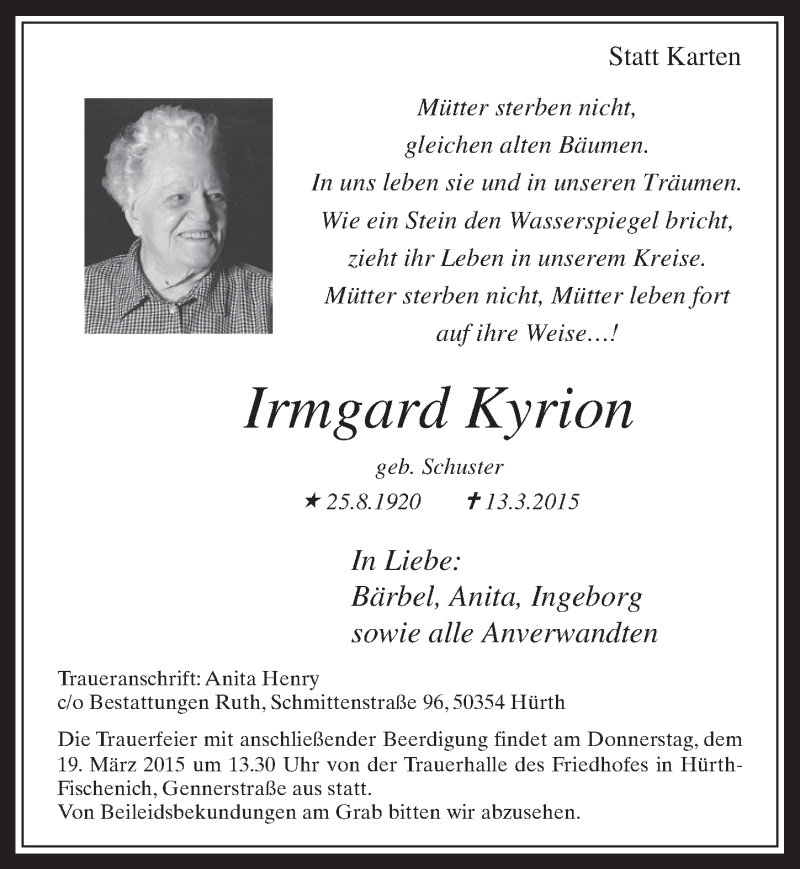  Traueranzeige für Irmgard Kyrion vom 18.03.2015 aus  Wochenende 