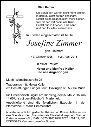 Anzeige von Josefine Zimmer von Kölner Stadt-Anzeiger / Kölnische Rundschau / Express