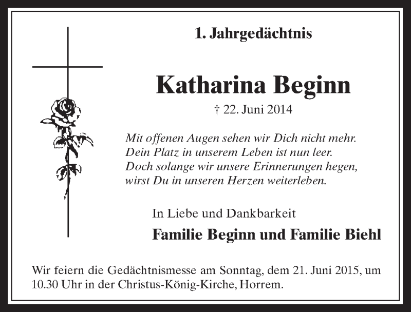  Traueranzeige für Katharina Beginn vom 17.06.2015 aus  Werbepost 