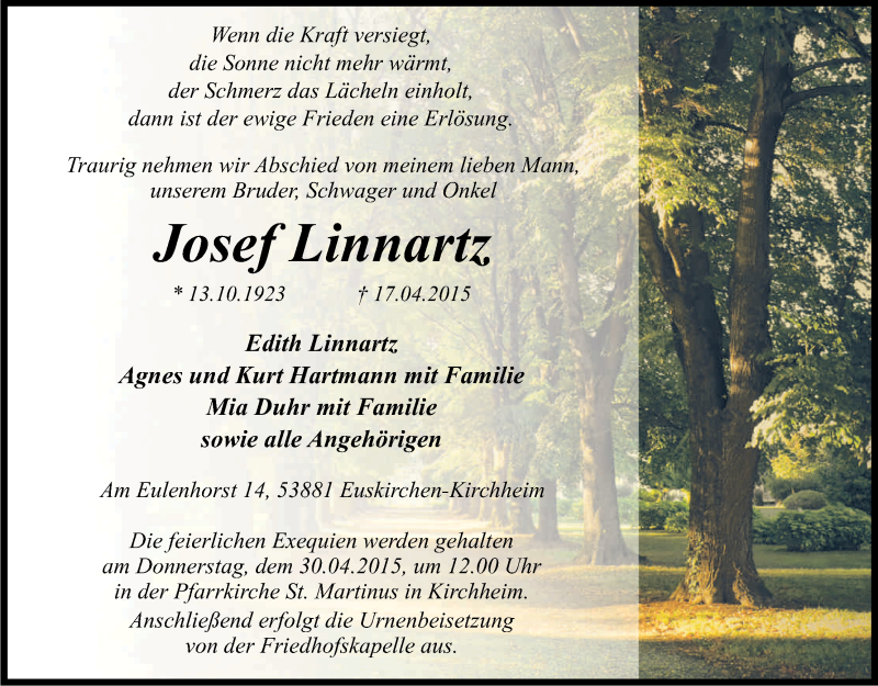  Traueranzeige für Josef Linnartz vom 25.04.2015 aus Kölner Stadt-Anzeiger / Kölnische Rundschau / Express
