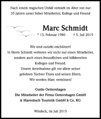 Anzeige von Marc Schmidt von Kölner Stadt-Anzeiger / Kölnische Rundschau / Express