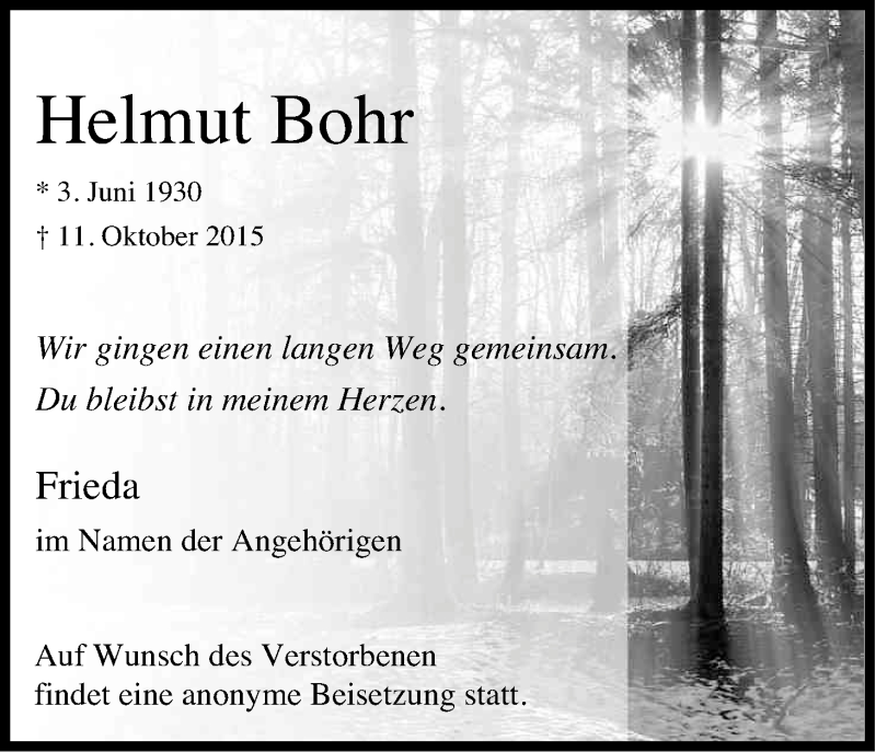  Traueranzeige für Helmut Bohr vom 17.10.2015 aus Kölner Stadt-Anzeiger / Kölnische Rundschau / Express