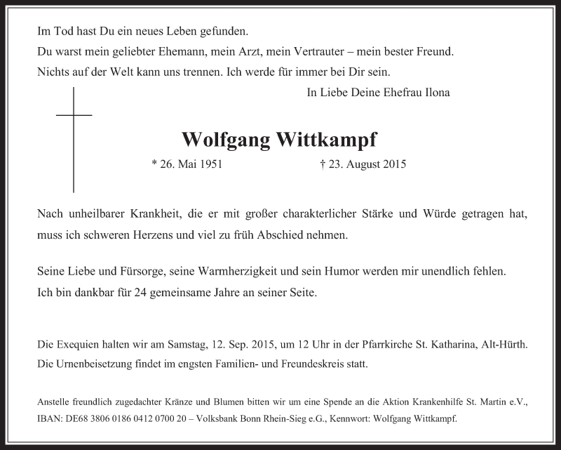  Traueranzeige für Wolfgang Wittkampf vom 09.09.2015 aus  Wochenende 