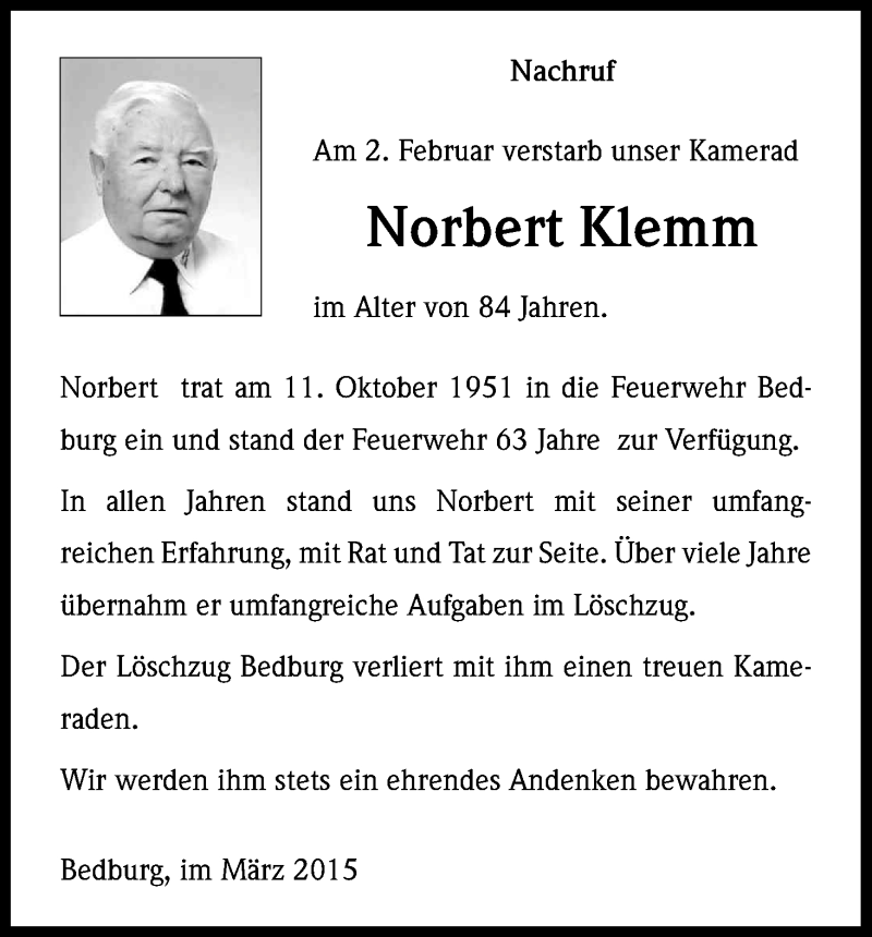  Traueranzeige für Norberg Klemm vom 25.03.2015 aus Kölner Stadt-Anzeiger / Kölnische Rundschau / Express