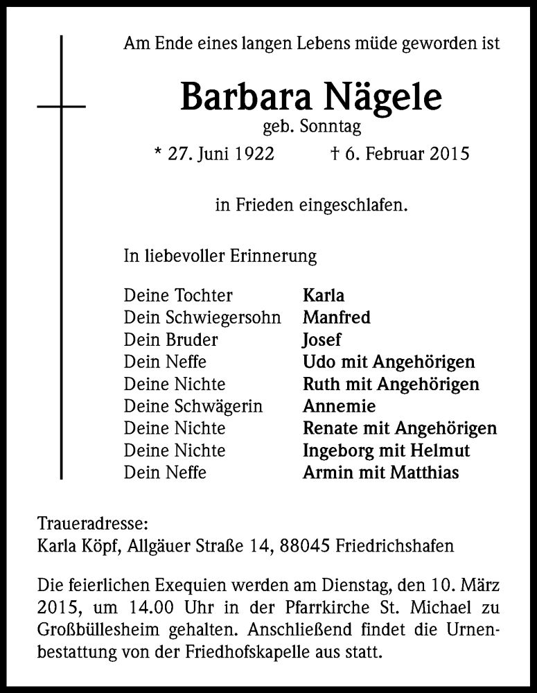  Traueranzeige für Barbara Nägele vom 03.03.2015 aus Kölner Stadt-Anzeiger / Kölnische Rundschau / Express
