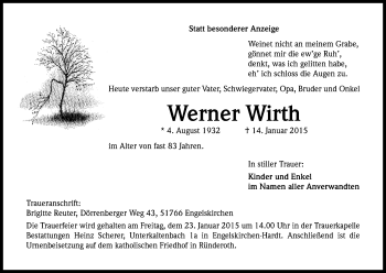 Anzeige von Werner Wirth von Kölner Stadt-Anzeiger / Kölnische Rundschau / Express