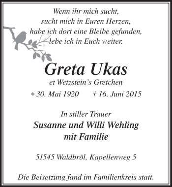 Anzeige von Greta Ukas von  Lokalanzeiger 