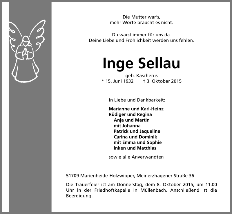  Traueranzeige für Inge Sellau vom 06.10.2015 aus Kölner Stadt-Anzeiger / Kölnische Rundschau / Express
