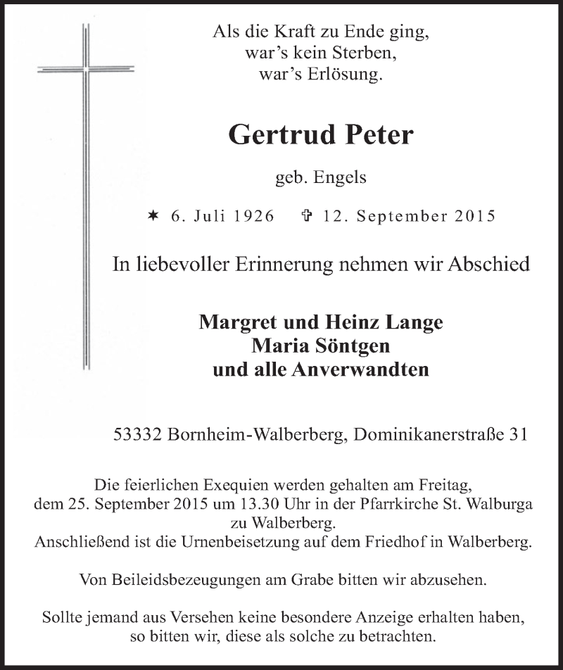  Traueranzeige für Gertrud Peter vom 23.09.2015 aus  Schlossbote/Werbekurier 