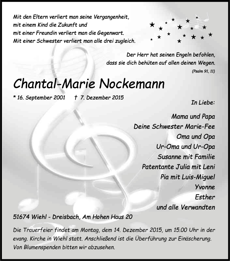  Traueranzeige für Chantal-Marie Nockemann vom 11.12.2015 aus Kölner Stadt-Anzeiger / Kölnische Rundschau / Express