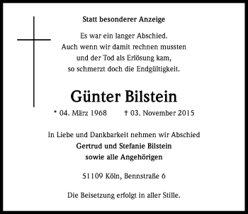 Anzeige von Günter Bilstein von Kölner Stadt-Anzeiger / Kölnische Rundschau / Express