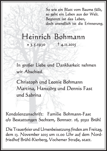 Anzeige von Heinrich Bohmann von  Schlossbote/Werbekurier 