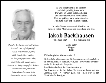 Anzeige von Jakob Backhausen von Kölner Stadt-Anzeiger / Kölnische Rundschau / Express
