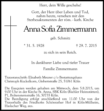 Anzeige von Anna Sofia Zimmermann von Kölner Stadt-Anzeiger / Kölnische Rundschau / Express