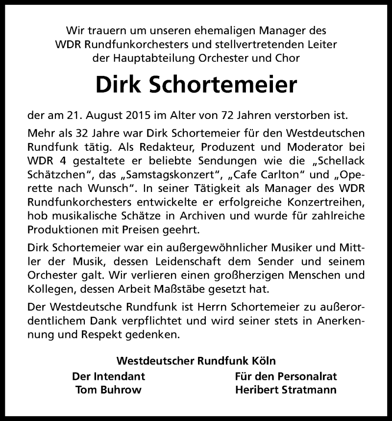  Traueranzeige für Dirk Schortemeier vom 29.08.2015 aus Kölner Stadt-Anzeiger / Kölnische Rundschau / Express