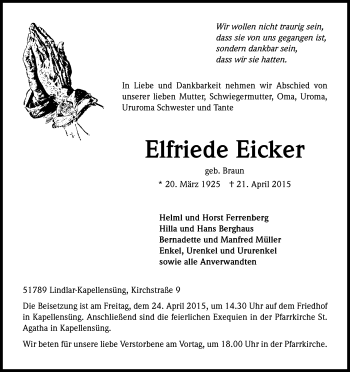 Anzeige von Elfriede Eicker von Kölner Stadt-Anzeiger / Kölnische Rundschau / Express