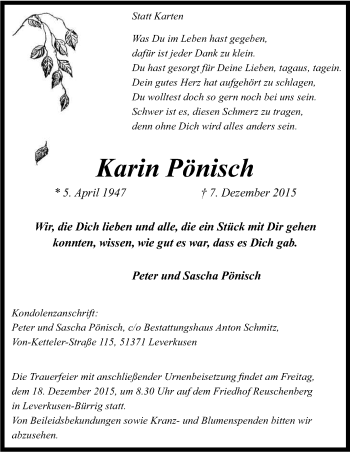 Anzeige von Karin Pönisch von Kölner Stadt-Anzeiger / Kölnische Rundschau / Express