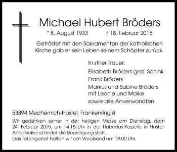 Anzeige von Michael Hubert Bröders von Kölner Stadt-Anzeiger / Kölnische Rundschau / Express