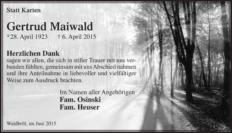  Traueranzeige für Gertrud Maiwald vom 03.06.2015 aus  Lokalanzeiger 