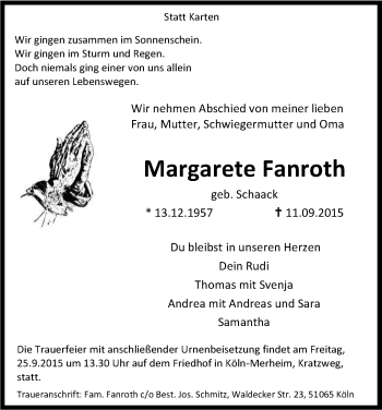 Anzeige von Margarete Fanroth von Kölner Stadt-Anzeiger / Kölnische Rundschau / Express