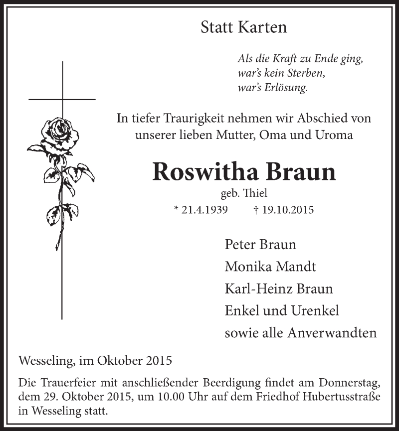  Traueranzeige für Roswitha Braun vom 28.10.2015 aus  Schlossbote/Werbekurier 