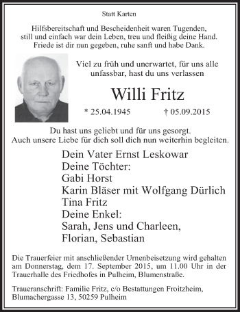 Anzeige von Willi Fritz von  Sonntags-Post 