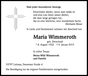 Anzeige von Maria Wimmeroth von Kölner Stadt-Anzeiger / Kölnische Rundschau / Express