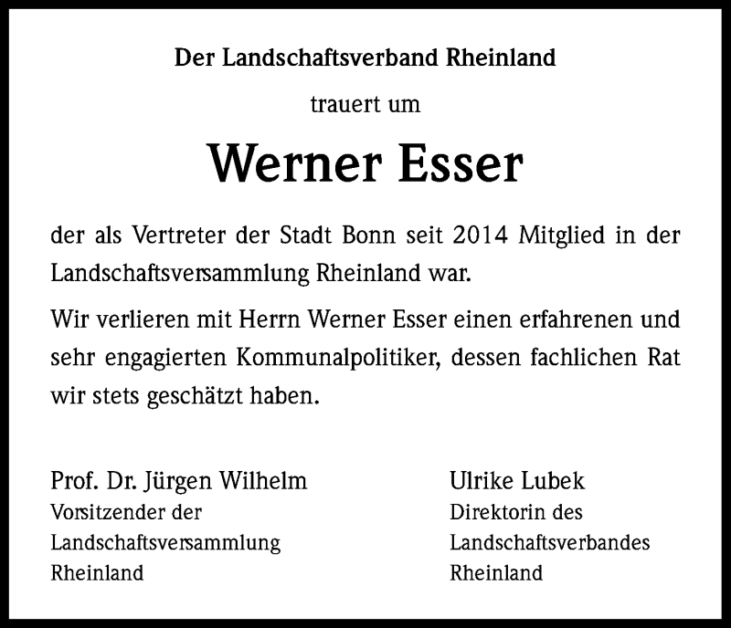  Traueranzeige für Werner Esser vom 23.09.2015 aus Kölner Stadt-Anzeiger / Kölnische Rundschau / Express