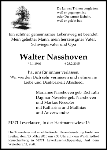 Anzeige von Walter Nasshoven von Kölner Stadt-Anzeiger / Kölnische Rundschau / Express