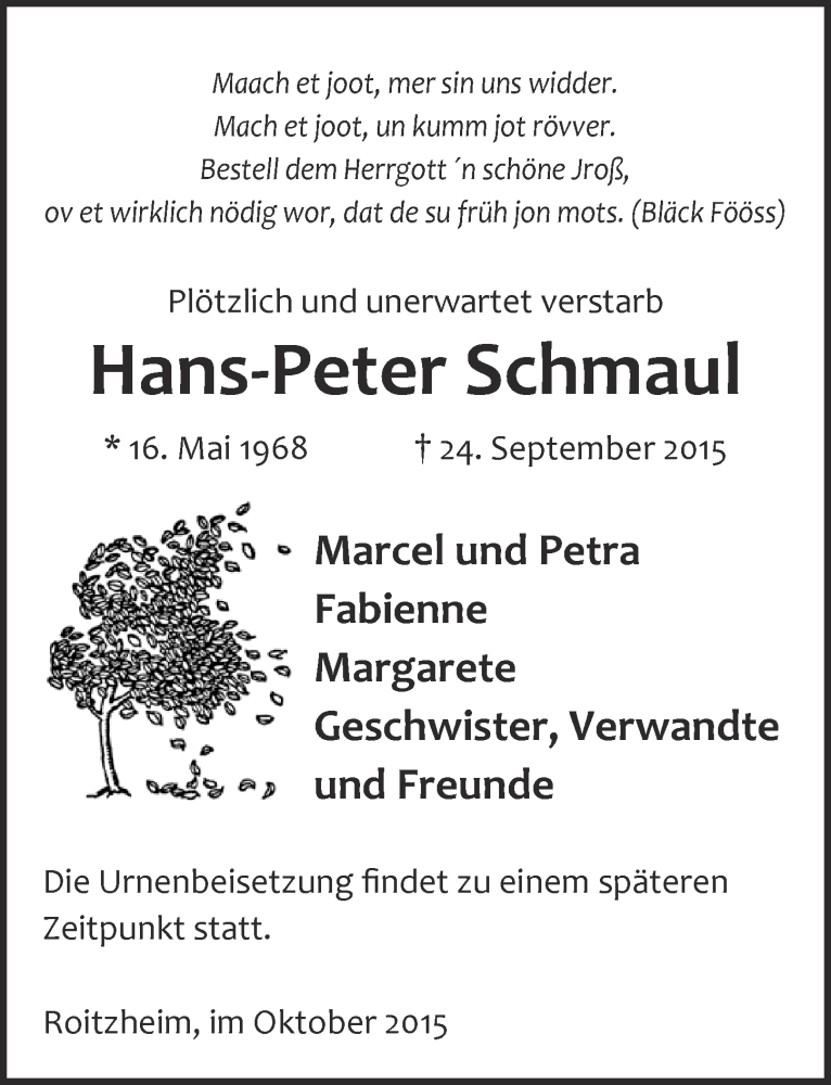 Traueranzeige für Hans-Peter Schmaul vom 11.10.2015 aus  Blickpunkt Euskirchen 