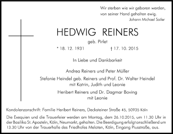 Anzeige von Hedwig Reiners von Kölner Stadt-Anzeiger / Kölnische Rundschau / Express