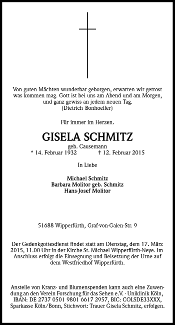 Anzeige von Gisela Schmitz von Kölner Stadt-Anzeiger / Kölnische Rundschau / Express