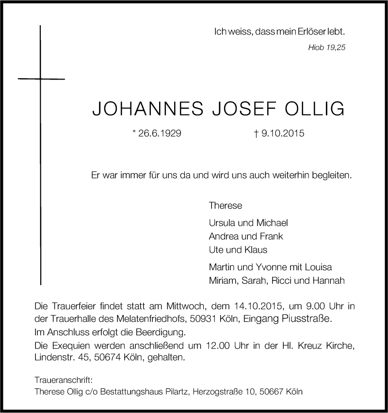  Traueranzeige für Johannes Josef Ollig vom 13.10.2015 aus Kölner Stadt-Anzeiger / Kölnische Rundschau / Express