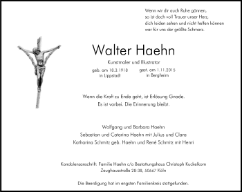 Anzeige von Walter Haehn von Köln - Wir Trauern