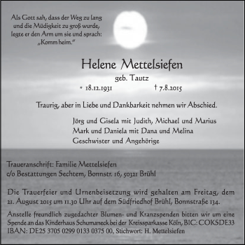 Anzeige von Helene Mettelsiefen von  Schlossbote/Werbekurier 