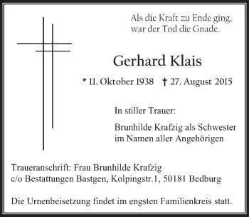 Anzeige von Gerhard Klais von  Werbepost 
