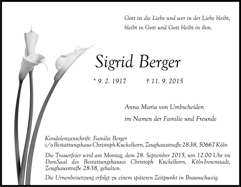  Traueranzeige für Sigrid Berger vom 23.09.2015 aus Kölner Stadt-Anzeiger / Kölnische Rundschau / Express